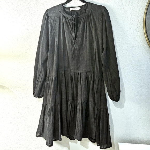 Seafolly Black Smock Long Sleeve Layered Ruffled Open Tie V-neck Dress - Picture 7 of 10